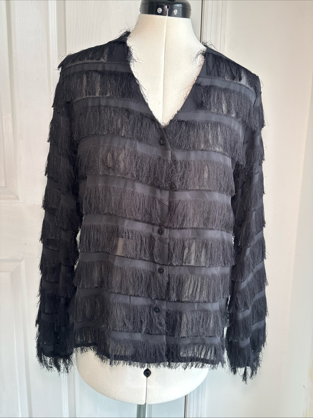 Black Fringe Sheer Button-Up Blouse - Elegant Women's Top sz Sm Holiday top - Picture 5 of 14